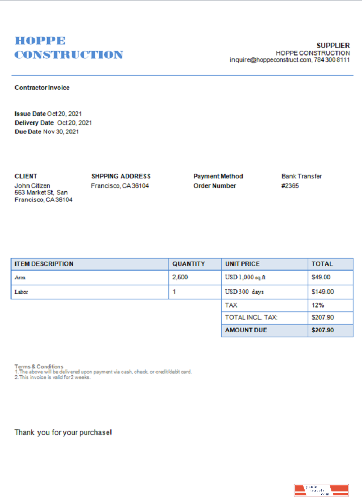 USA Hope Construction invoice PSD template